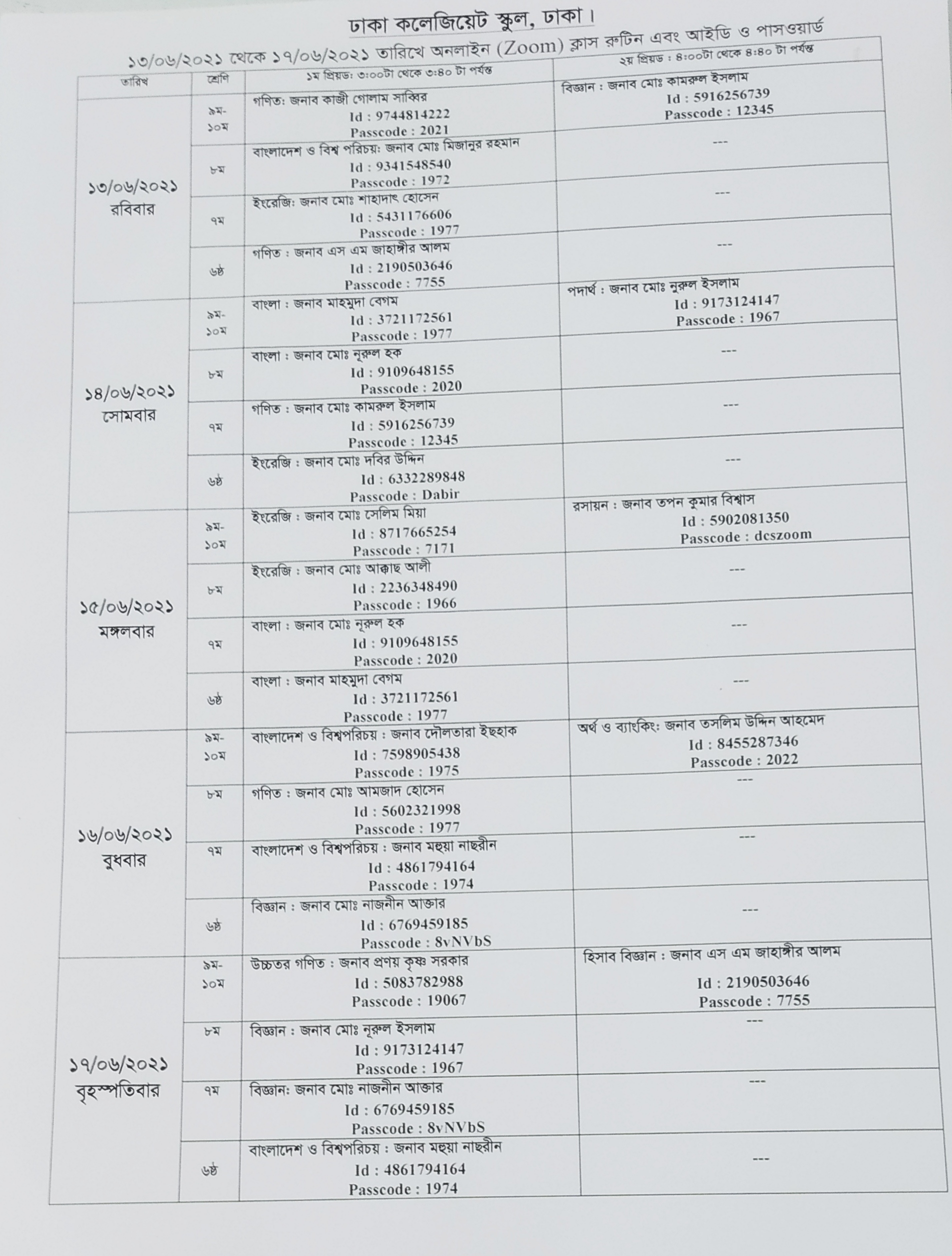 ১৩/০৬/২১ইং থেকে ১৭/০৬/২১ইং অনলাইন ক্লাস রুটিন